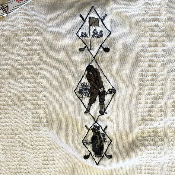 Vintage Golf Sweater Carmel Men's White Sz L Embroidered Pullover Preppy Cotton